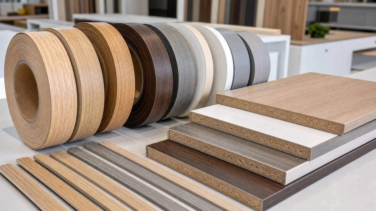 Wood grain PVC edge banding rolls matched with oak, walnut and grey cabinet board samples.