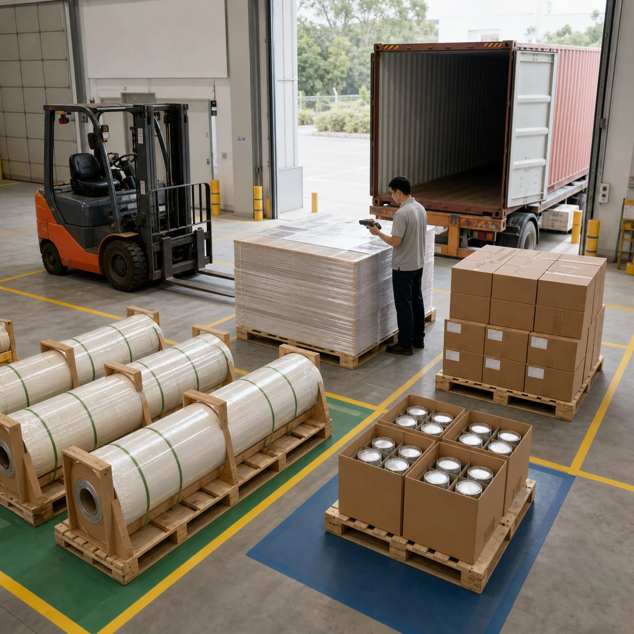 AI-generated dispatch zones with foam boards, edge-band cartons, protected PVC film rolls and PUR cartons