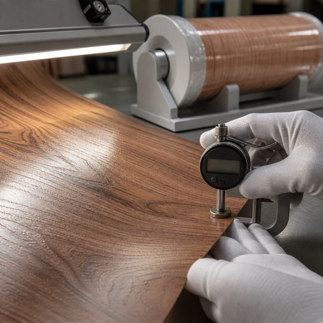 AI-generated PVC decorative-film raking-light inspection with emboss, gloss and thickness checks