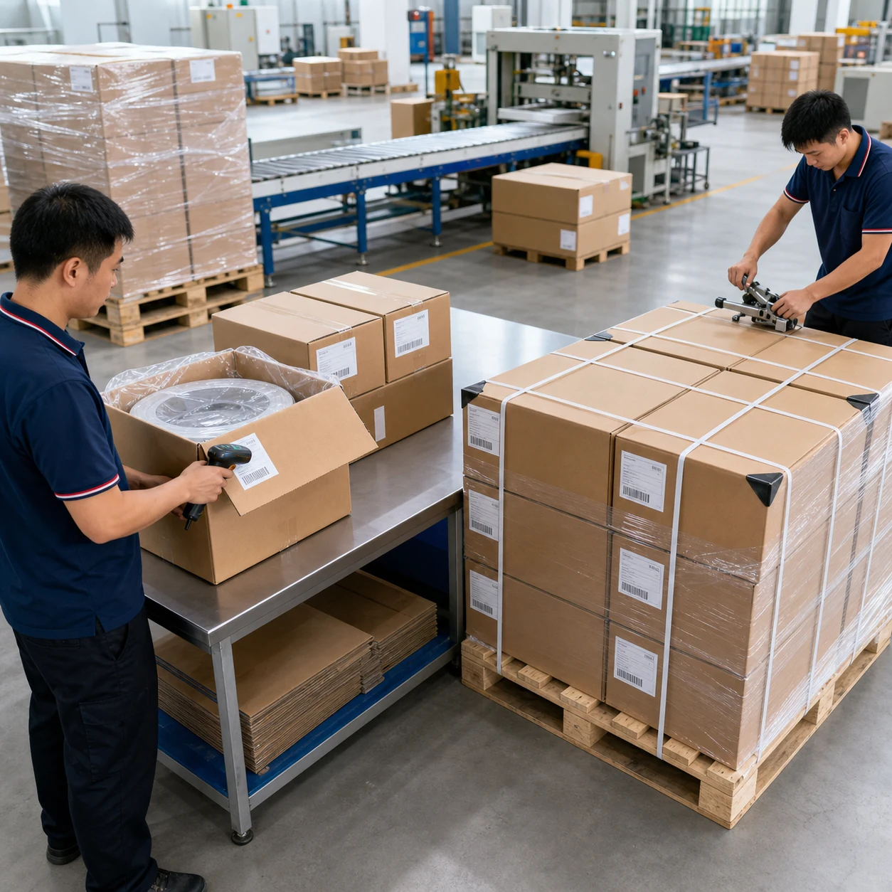 AI-generated PVC edge-band export packing with bagged coils in fitted cartons and barcode-style scanning