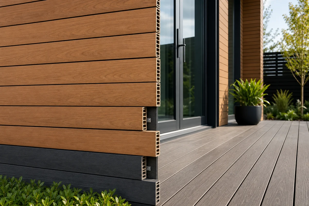 Installed wood-plastic composite WPC boards for decking, exterior cladding, fencing, and low-maintenance outdoor projects.