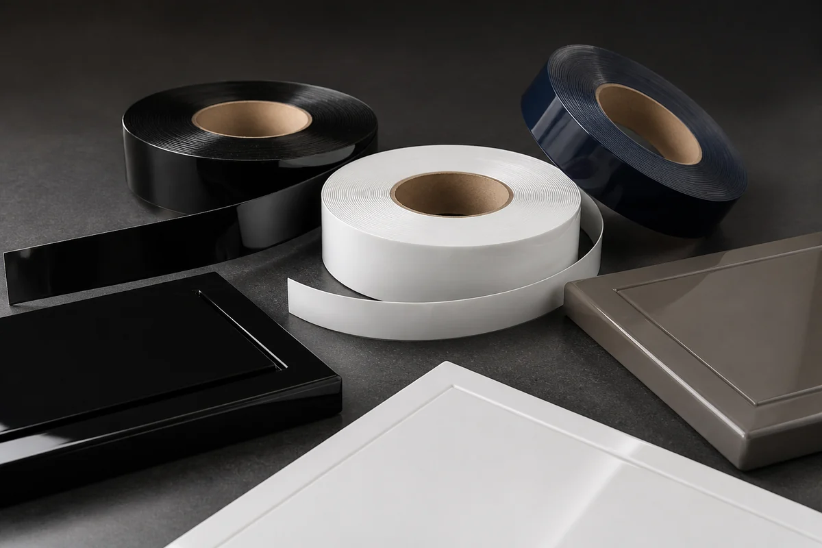 High gloss PVC edge banding rolls with reflective cabinet door samples
