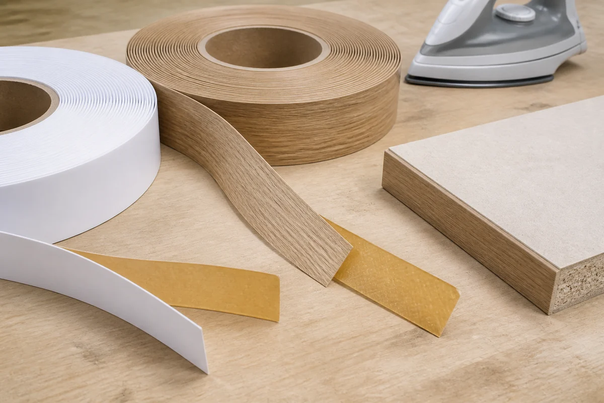 Pre-glued PVC edge banding rolls, adhesive backing and finished board sample