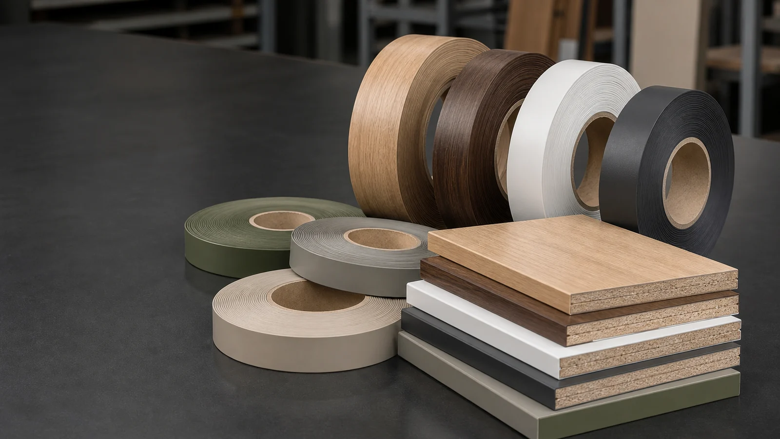 PVC edge banding rolls with color-matched finished furniture board samples