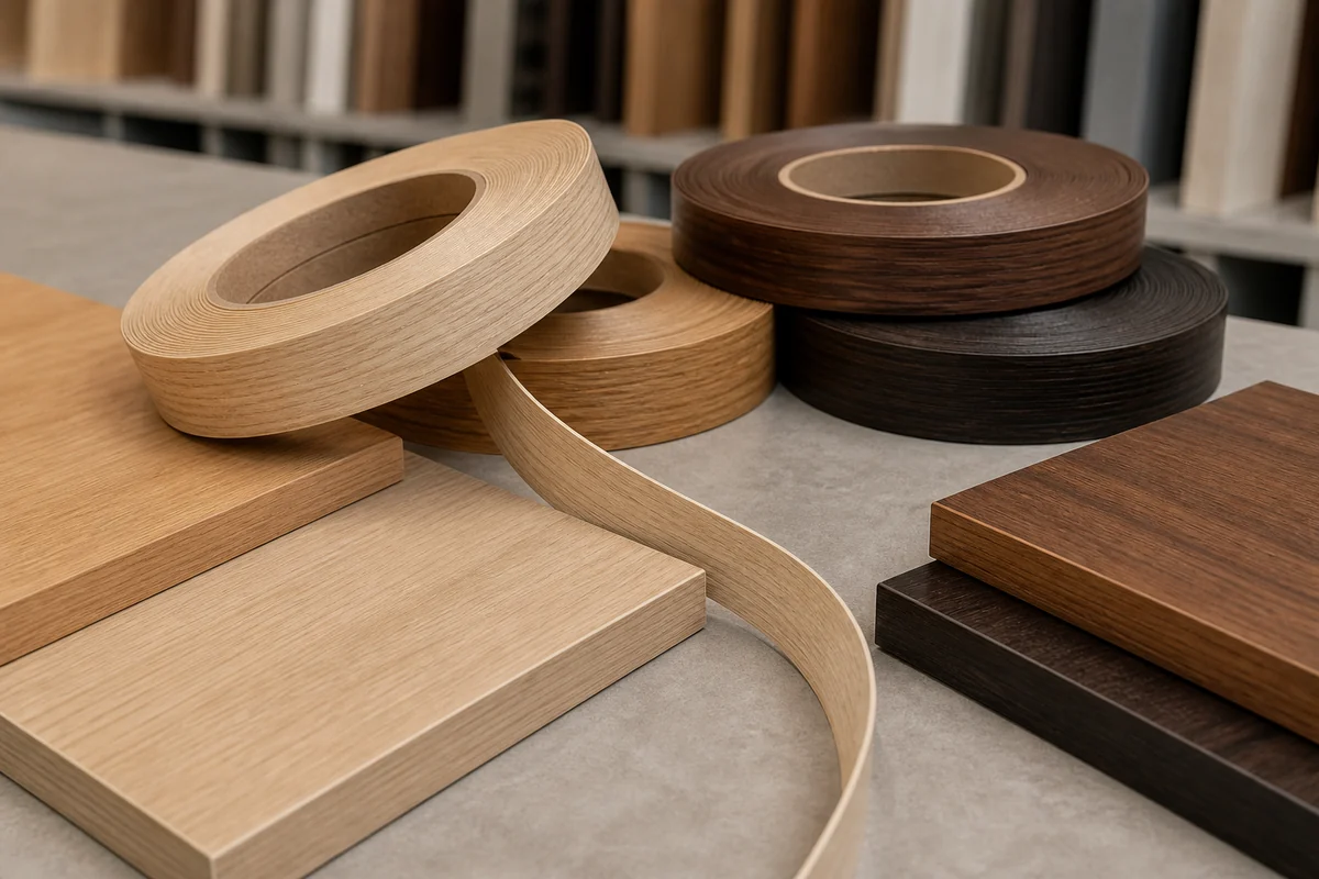 Oak and walnut wood grain PVC edge banding with matching panel samples